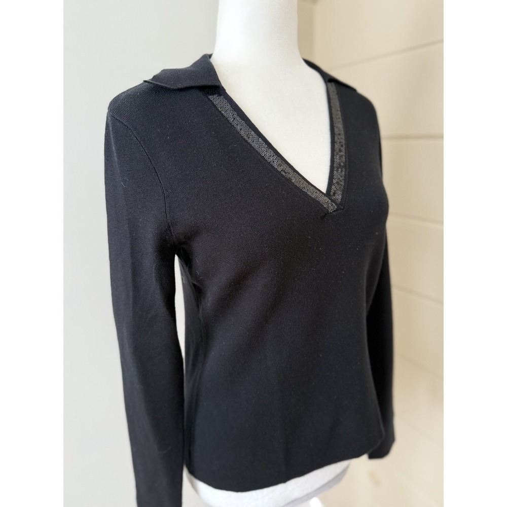 Calvin Klein Sequin Trim V-Neck Polo Sweater Black Viscose Blend Size S NWT